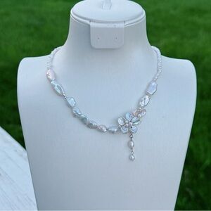 X768 Handmade S925 Freshwater Baroque Pearl Dainty Flower Necklace